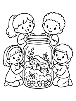Free printable Children Exploring A Terrarium Mason Jar coloring page