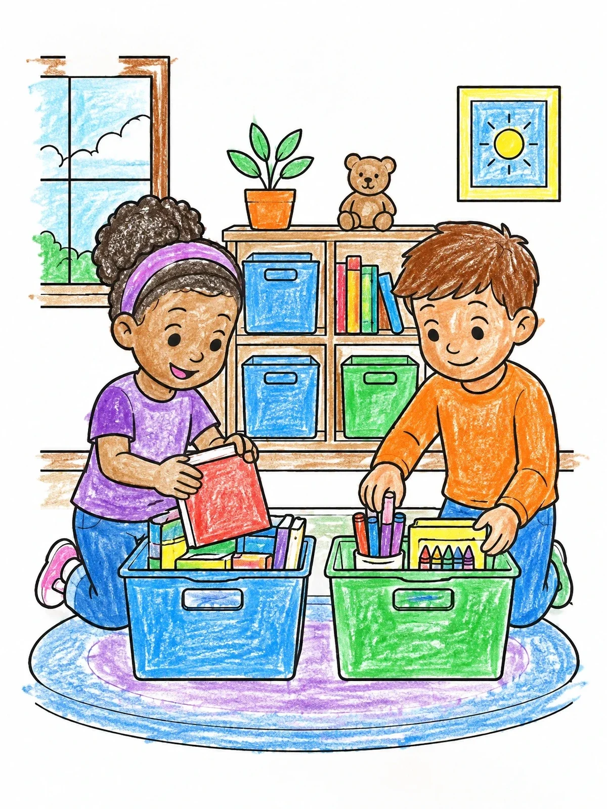 Colored example of the Children Tidying Storage Bins coloring page