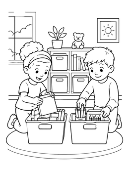 Free printable Children Tidying Storage Bins coloring page
