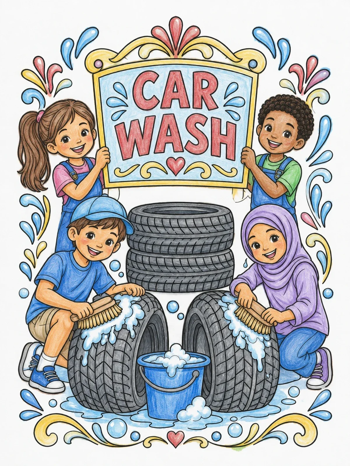 Colored example of the Kids Tire Car Wash Fun coloring page