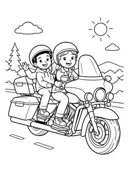 Free printable Kids On A Touring Motorcycle Road Trip coloring page