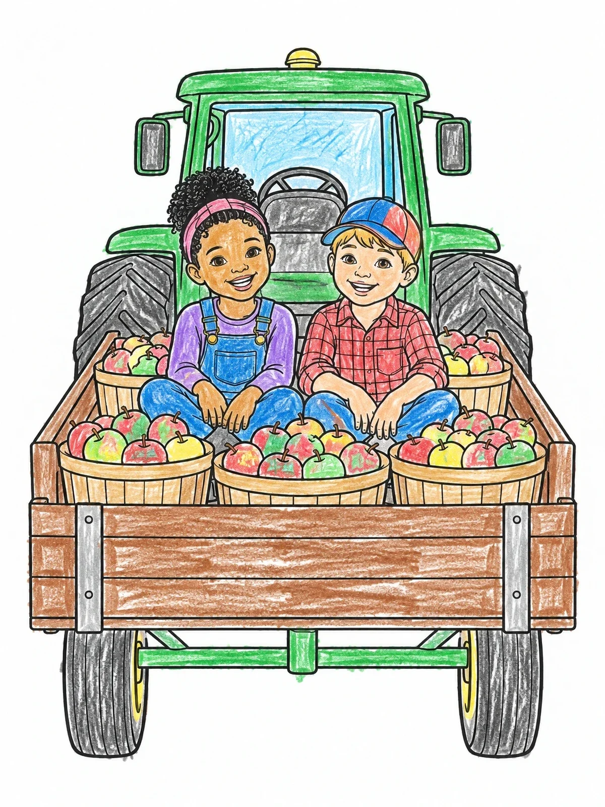 Colored example of the Children On Farm Tractor With Apples coloring page