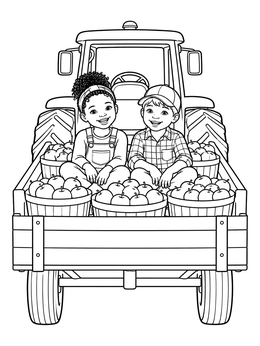 Two smiling kids in a wagon full of baskets on this apple picking coloring page.