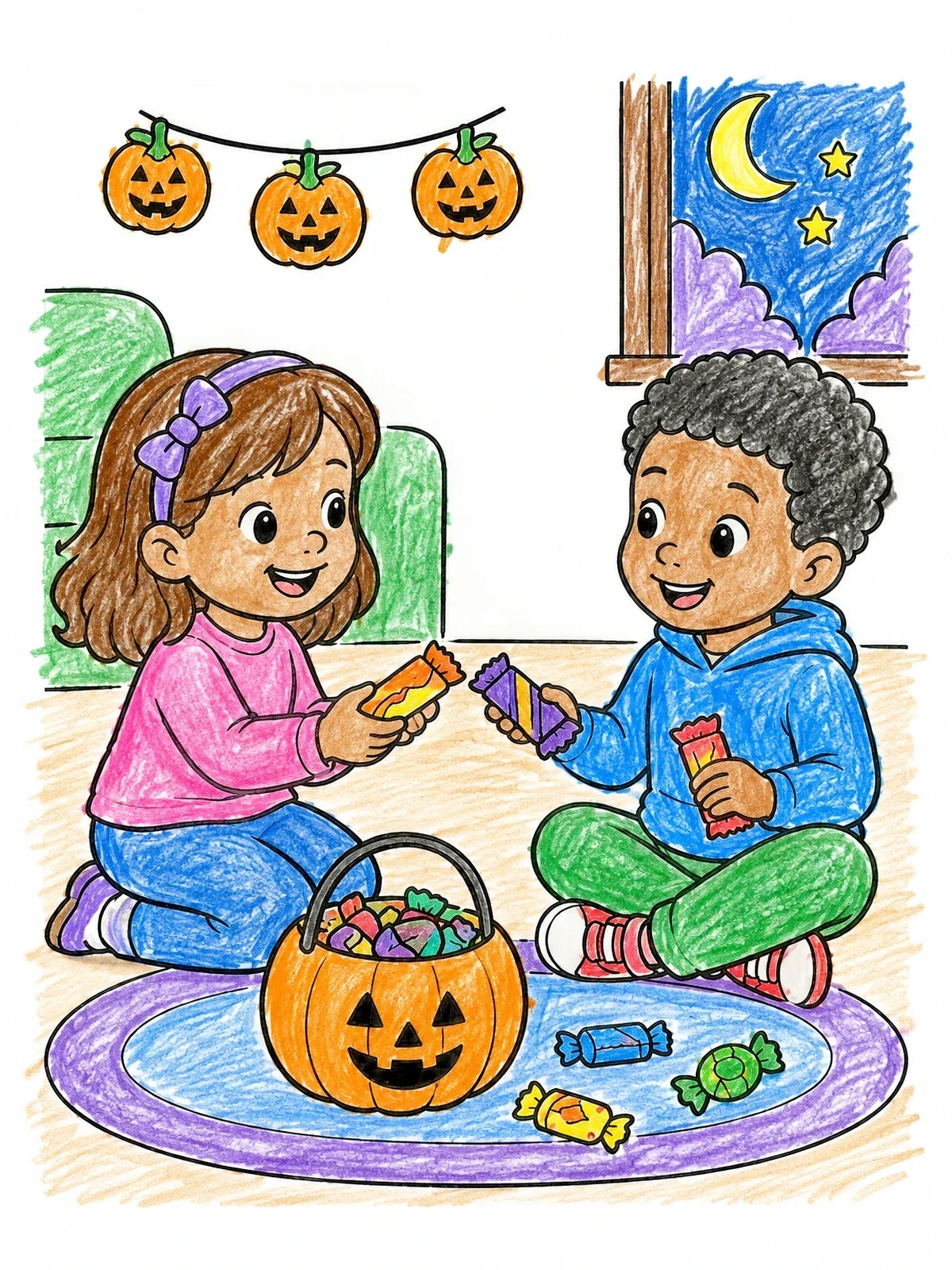 Colored example of the Children Trading Halloween Candy On Floor coloring page