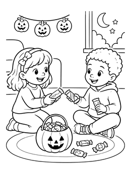 Kids swap treats in this cute halloween candy coloring page with a jack-o-lantern bucket.
