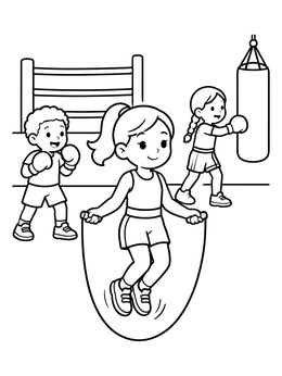 A cheerful boxing coloring page with children jumping rope and practicing punches in a gym.