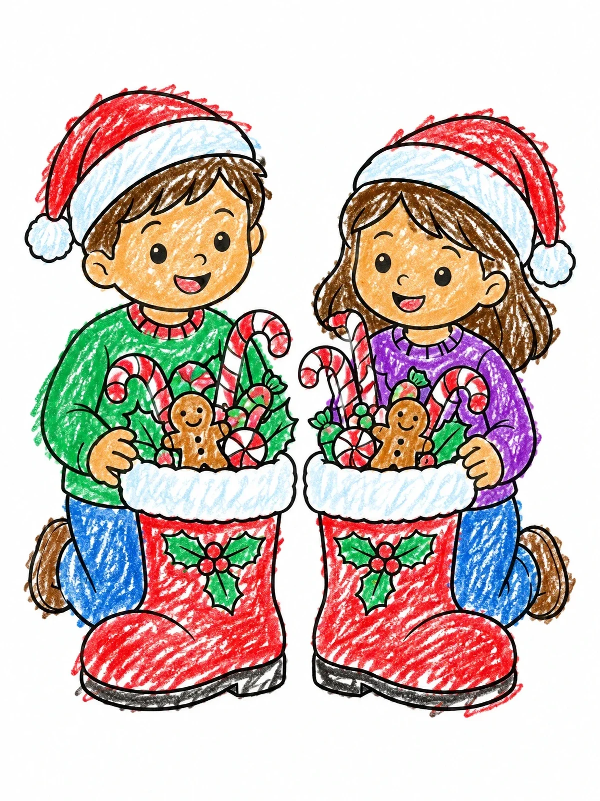 Colored example of the Kids With Treat Filled Christmas Boots coloring page
