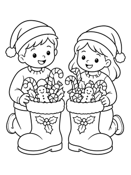 Free printable Kids With Treat Filled Christmas Boots coloring page