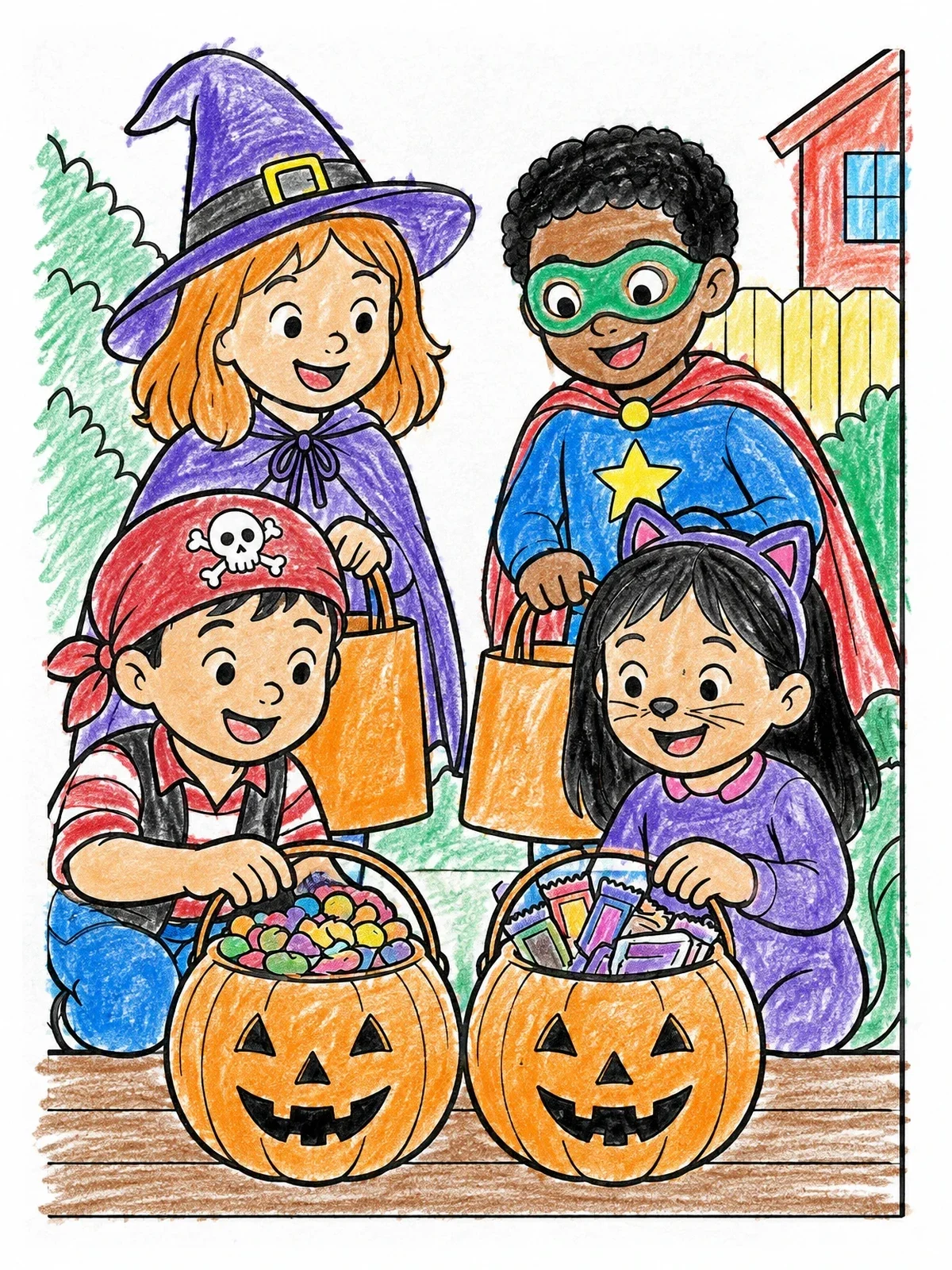 Colored example of the Kids Trick Or Treating With Pumpkin Buckets coloring page