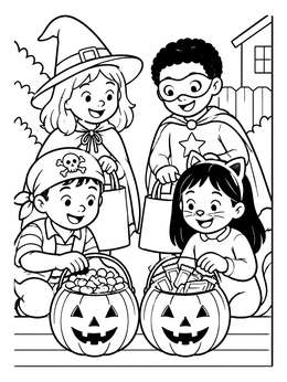 Children in Halloween costumes gather on this fun trick or treat coloring page.