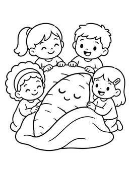 Happy children tuck in a cute sleeping vegetable in this sweet potatoes coloring page.