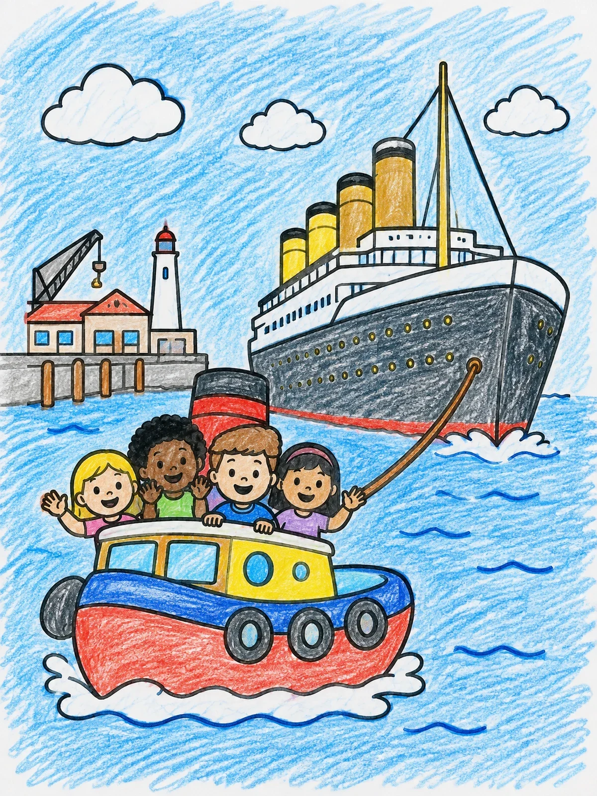 Colored example of the Kids Escorting Titanic On A Tugboat coloring page