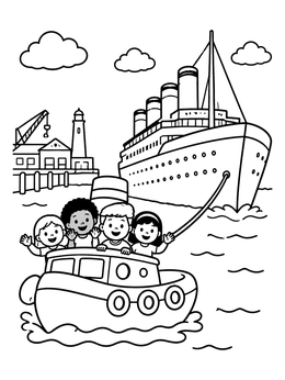 Free printable Kids Escorting Titanic On A Tugboat coloring page