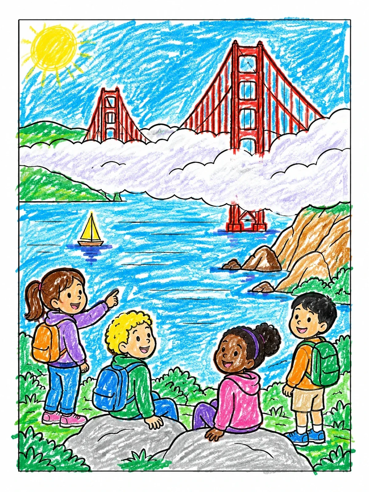 Colored example of the Children Looking At Golden Gate Bridge coloring page