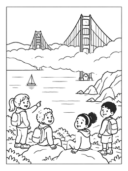 Free printable Children Looking At Golden Gate Bridge coloring page