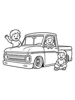 Free printable Kids With Vintage Lowrider Truck coloring page