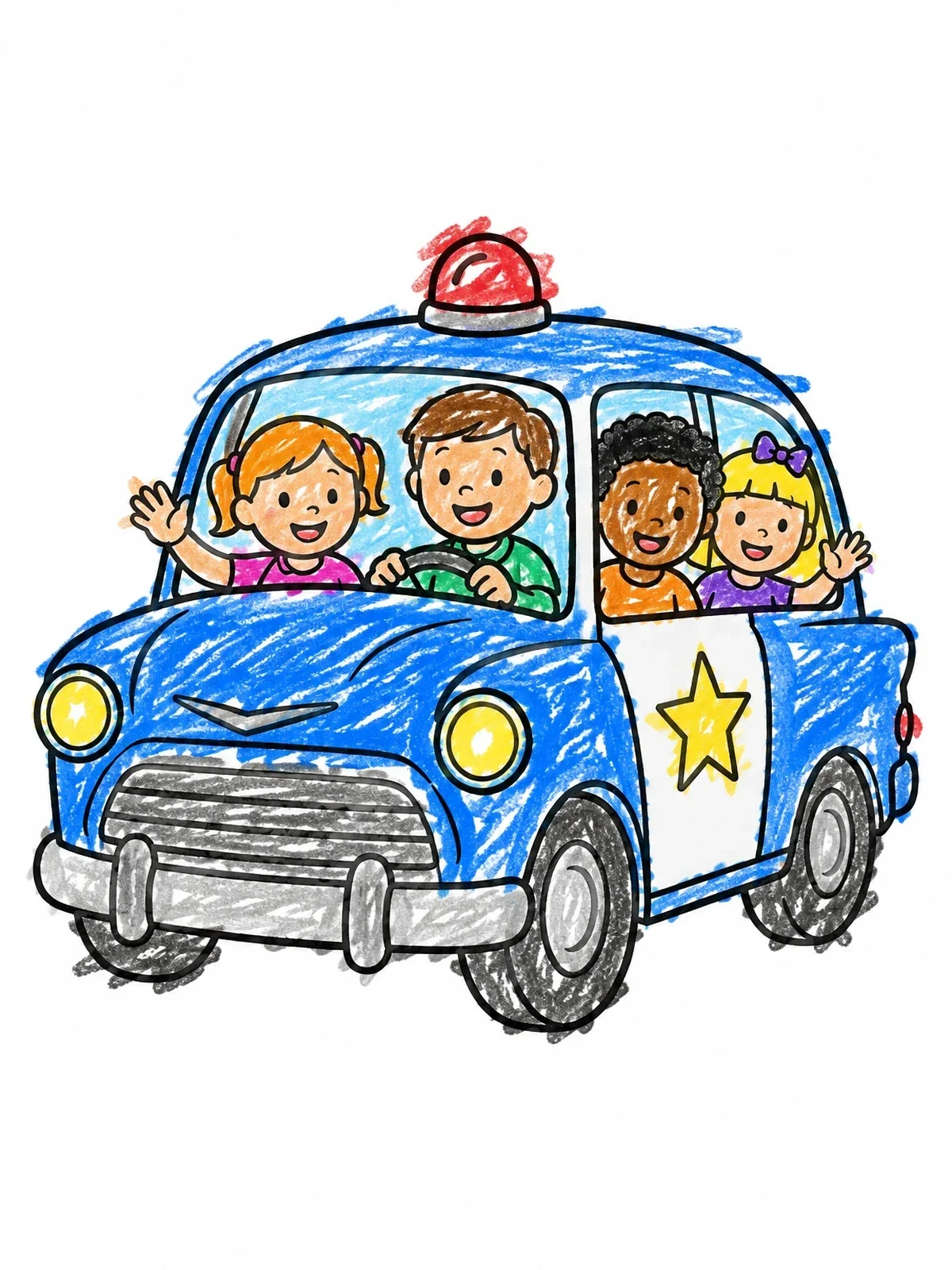 Colored example of the Kids In A Vintage Police Car coloring page