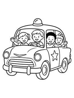Happy children riding a classic car in this police coloring page.