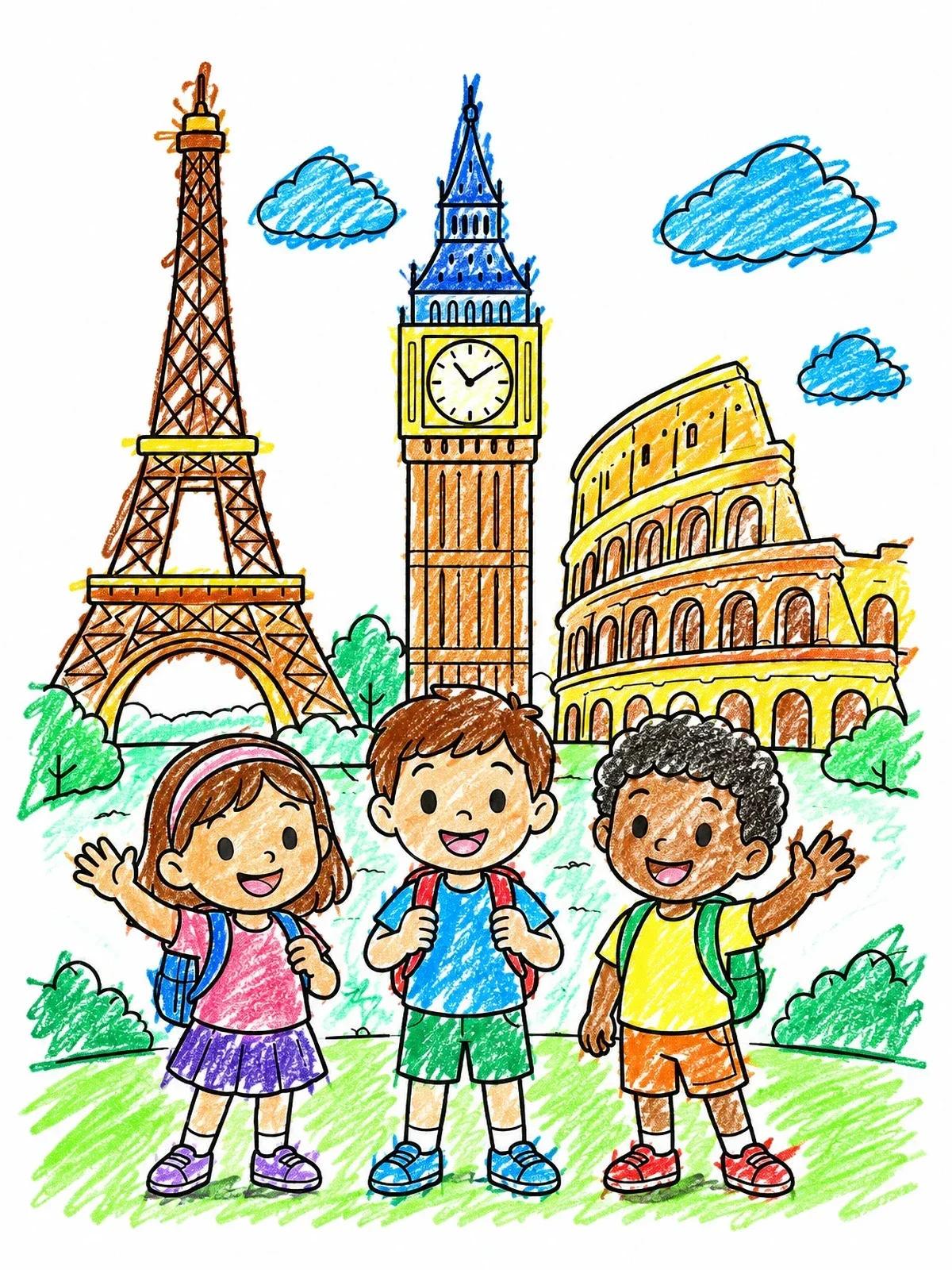 Colored example of the Kids Visiting Famous European Landmarks coloring page
