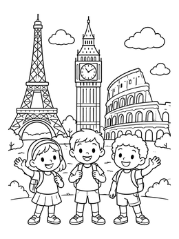 Free printable Kids Visiting Famous European Landmarks coloring page