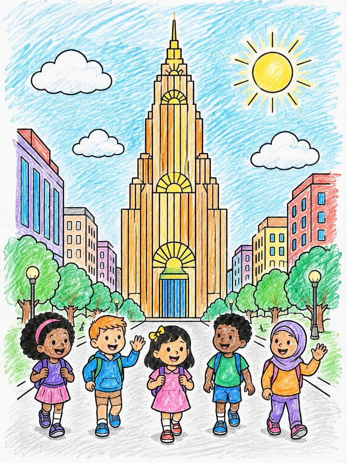 Colored example of the Children Walking By Art Deco Skyscraper coloring page