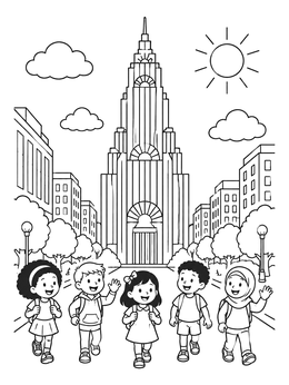 Free printable Children Walking By Art Deco Skyscraper coloring page