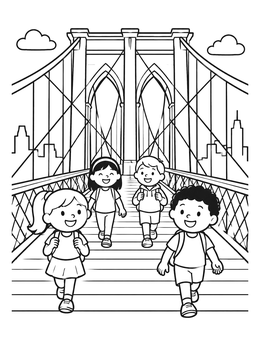 Free printable Kids Walking On Brooklyn Bridge coloring page