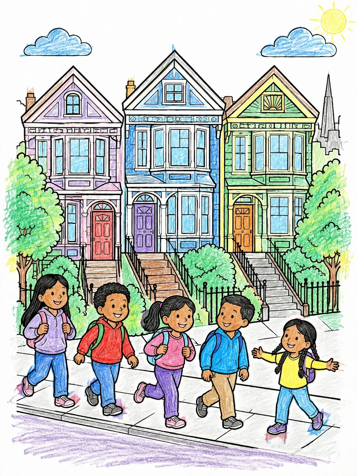 Colored example of the Children Walking Past Victorian Townhomes coloring page
