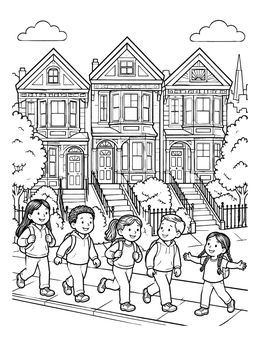 Free printable Children Walking Past Victorian Townhomes coloring page
