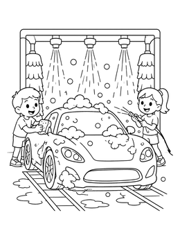 Free printable Kids Washing Car At Station coloring page