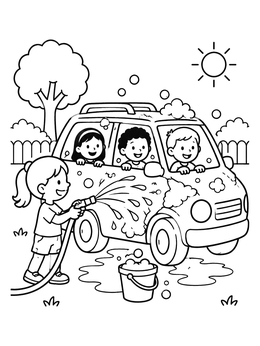 Free printable Kids Washing The Family Car coloring page