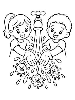 Kids wash hands under running water on this germ coloring page.