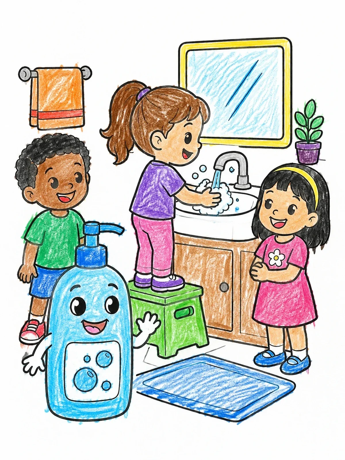 Colored example of the Children Washing Hands At Bathroom Sink coloring page