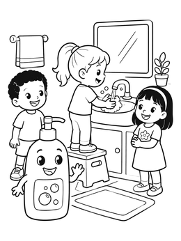 Free printable Children Washing Hands At Bathroom Sink coloring page