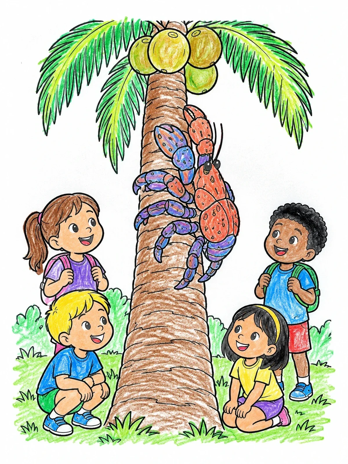 Colored example of the Children Watching Coconut Crab In Palm Tree coloring page