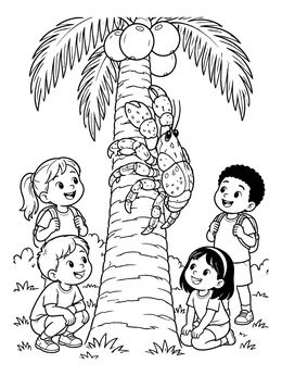 Happy children look at a crab on a coconut coloring page.