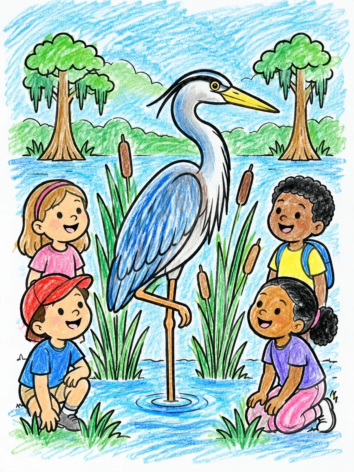 Colored example of the Children Watching A Bayou Heron coloring page