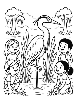 Free printable Children Watching A Bayou Heron coloring page