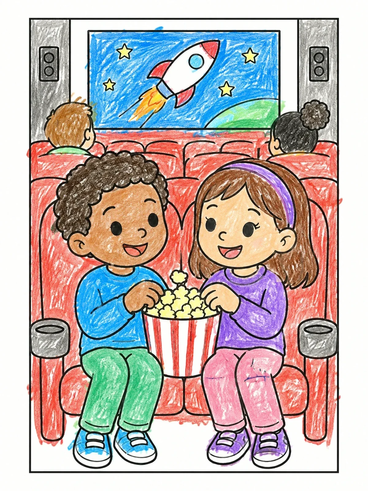Colored example of the Kids Watching A Movie coloring page