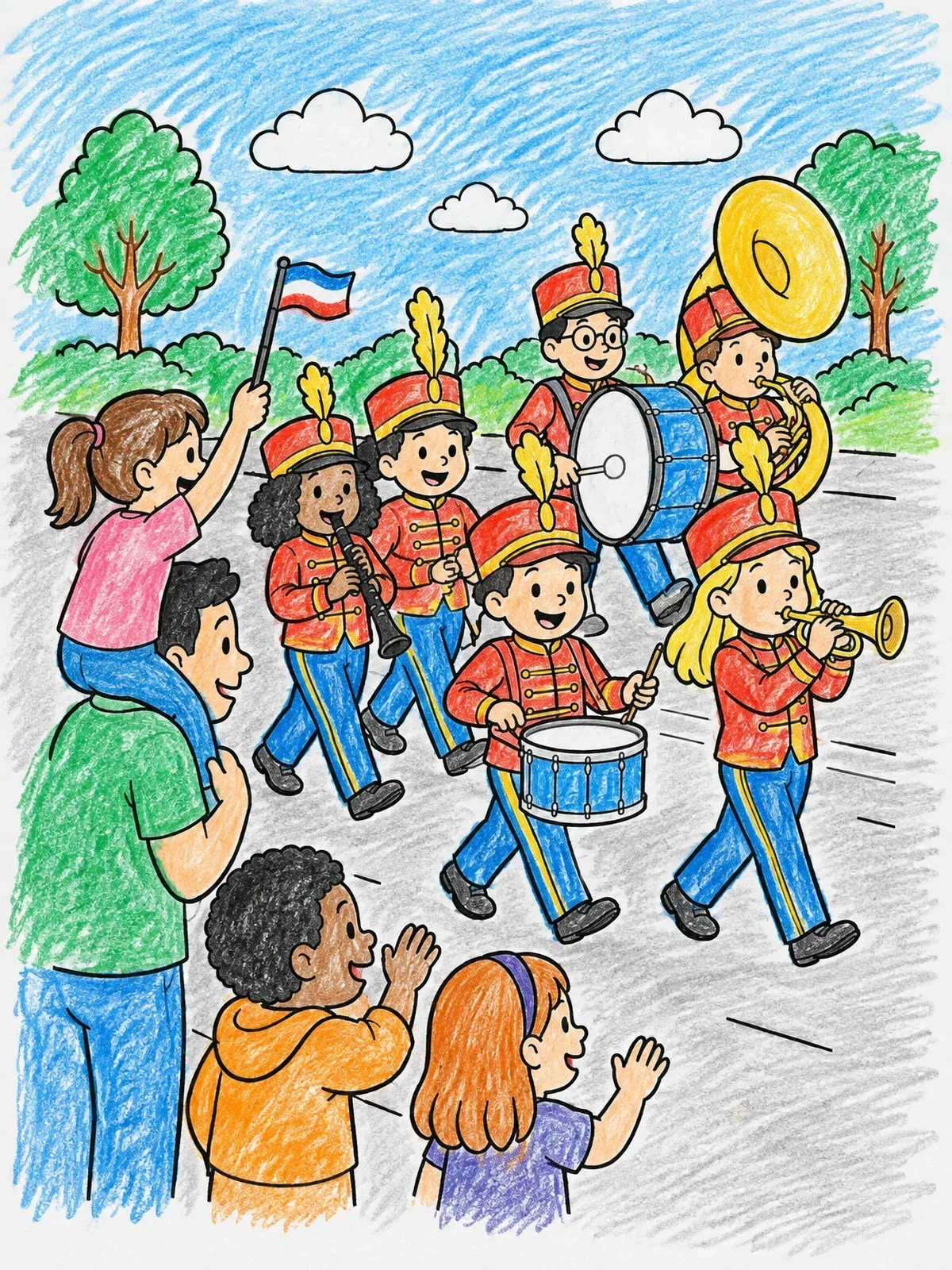 Colored example of the Kids Watching A Parade Marching Band coloring page