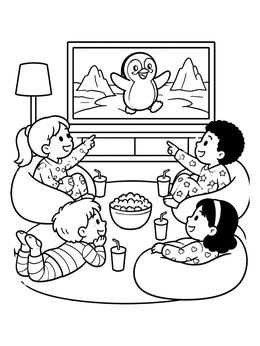 Children enjoy snacks during a cozy movie night coloring page with an animated penguin.