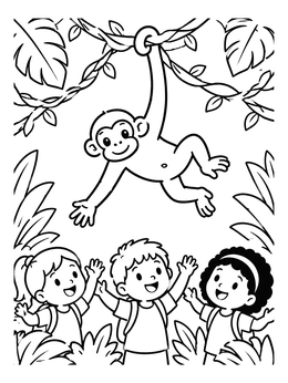 Children waving at a monkey hanging from vines in this rainforest coloring page.