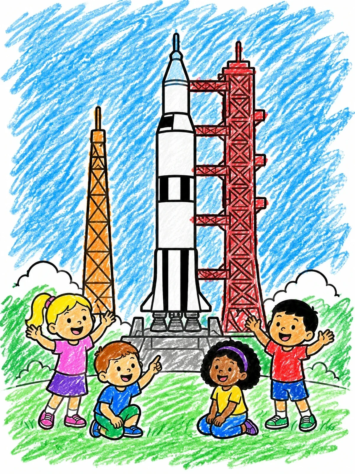 Colored example of the Children Watching Saturn Rocket Launch coloring page