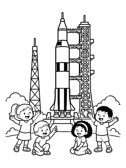 Free printable Children Watching Saturn Rocket Launch coloring page
