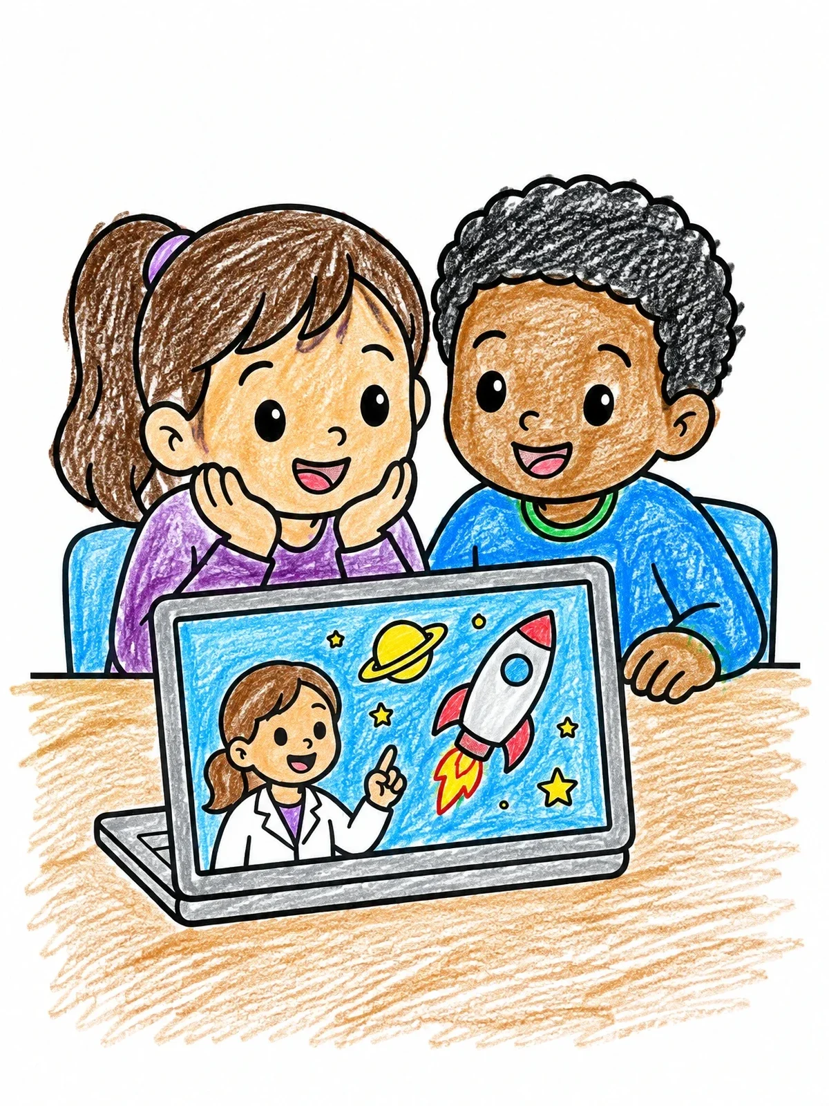 Colored example of the Kids Watching A Science Video coloring page