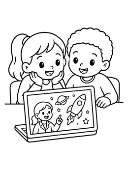 Free printable Kids Watching A Science Video coloring page