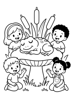 Kids gather around a toad on this mushroom coloring page.
