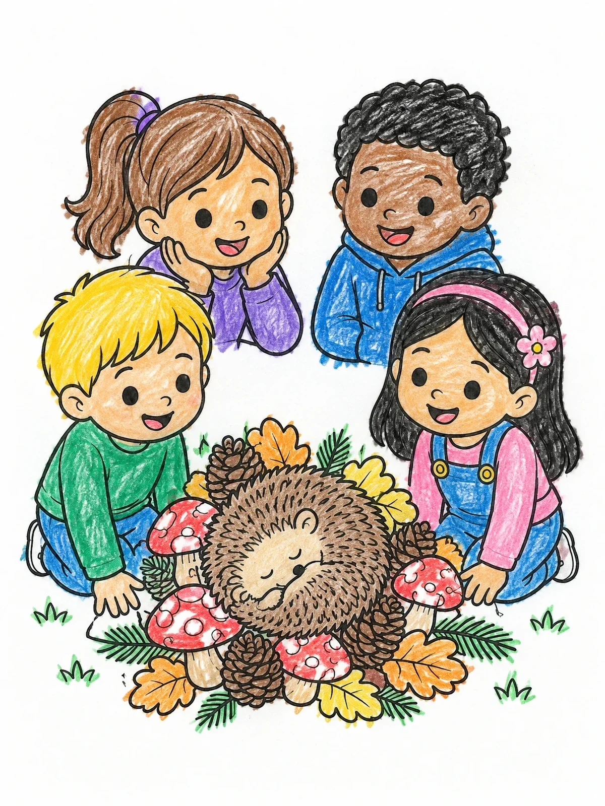 Colored example of the Children Watching A Sleeping Hedgehog coloring page