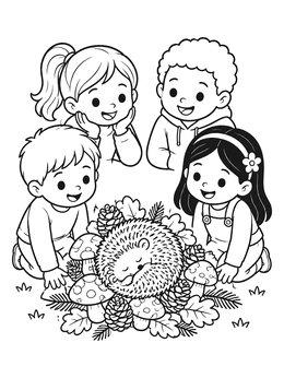 Free printable Children Watching A Sleeping Hedgehog coloring page