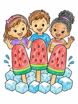 Watermelon Letters Patterned Happy Kids With Watermelon Popsicles Coloring Page